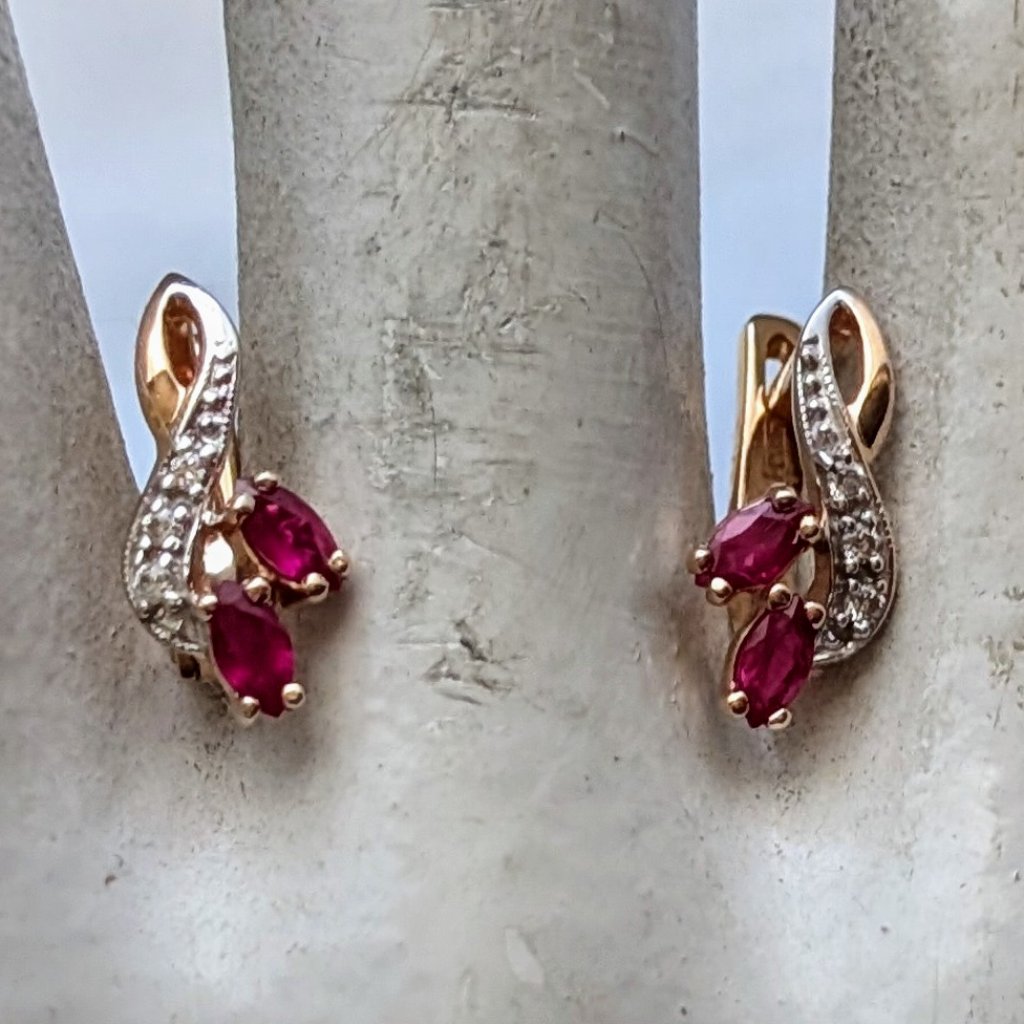 Russian Russia Solid 14k Rose Pink Gold Ruby Diamond Cluster Pierced Earrings